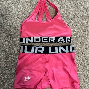 EUC YM Pink Under Armour Cross Back Sports Bra & HeatGear Shorty Shorts